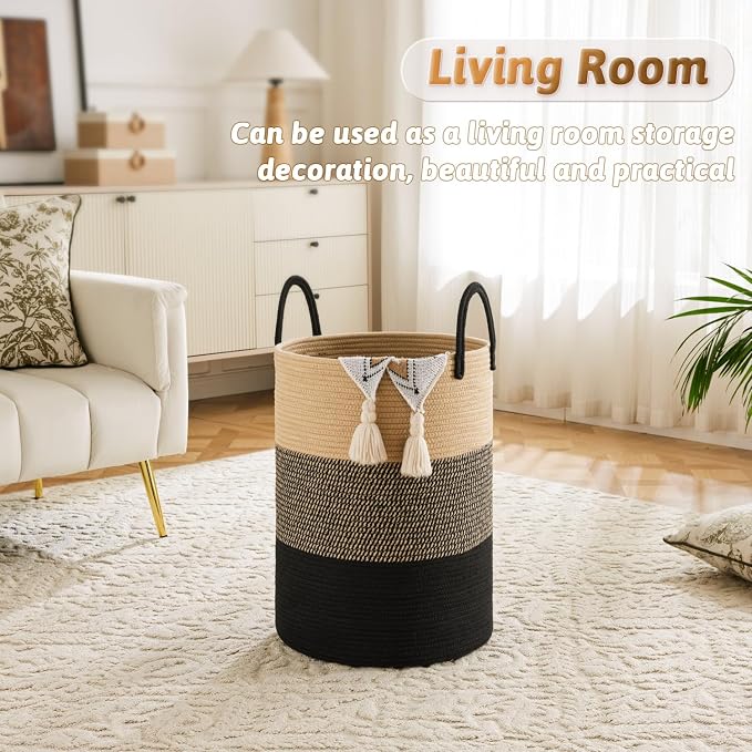 Laundry Basket, Woven Cotton Rope Laundry Hamper, 80L - Image 5