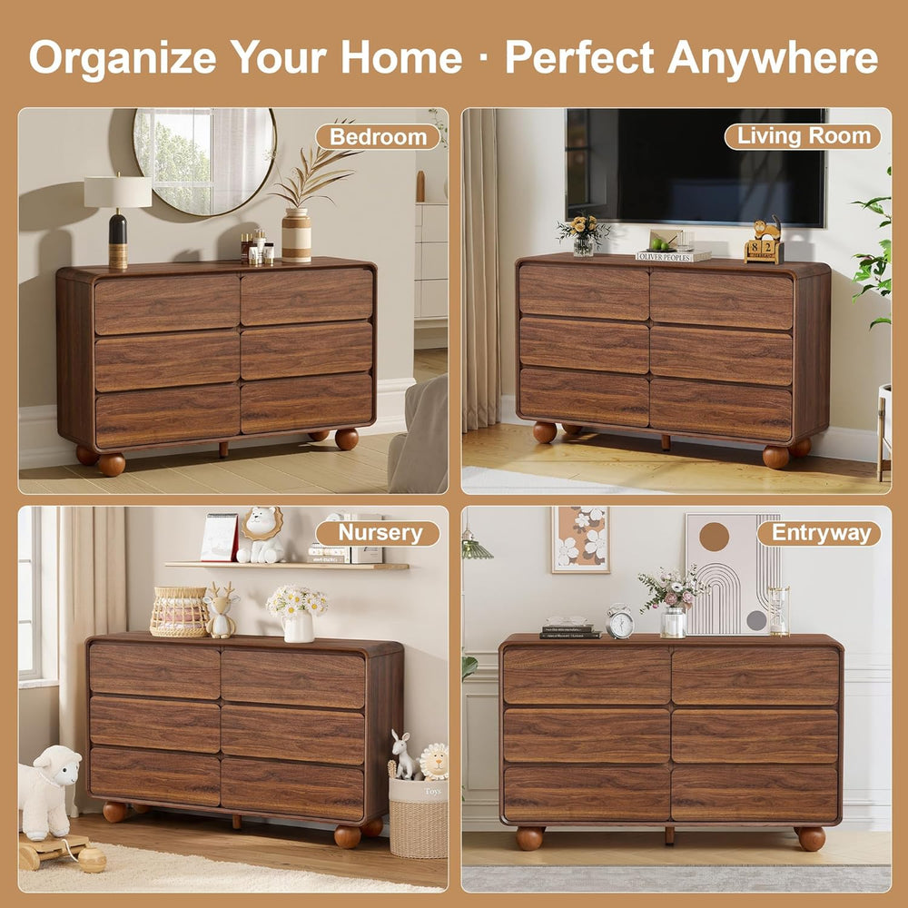 Modern 6 Drawer Dresser for Bedroom, 48" Wooden Chest of Drawers, Walnut