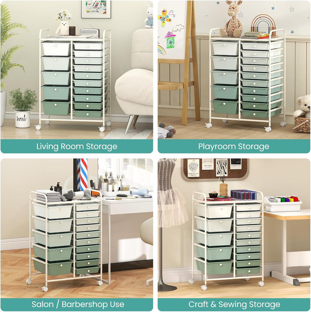 LDAILY 15 Drawer Rolling Storage Cart, Rolling Cart with Drawers for Classroo...