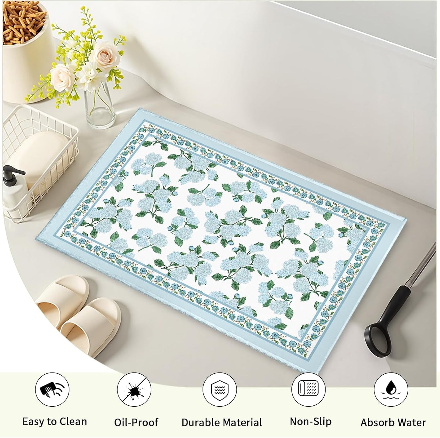 Blue Hydrangea Bath Rug Summer Floral Bath Mat 20x32 Inch Flowers Print Non Slip Backing Bathroom Carpet Low Pile Absorbent Doormat for Tub Bathroom Entryway Front Door