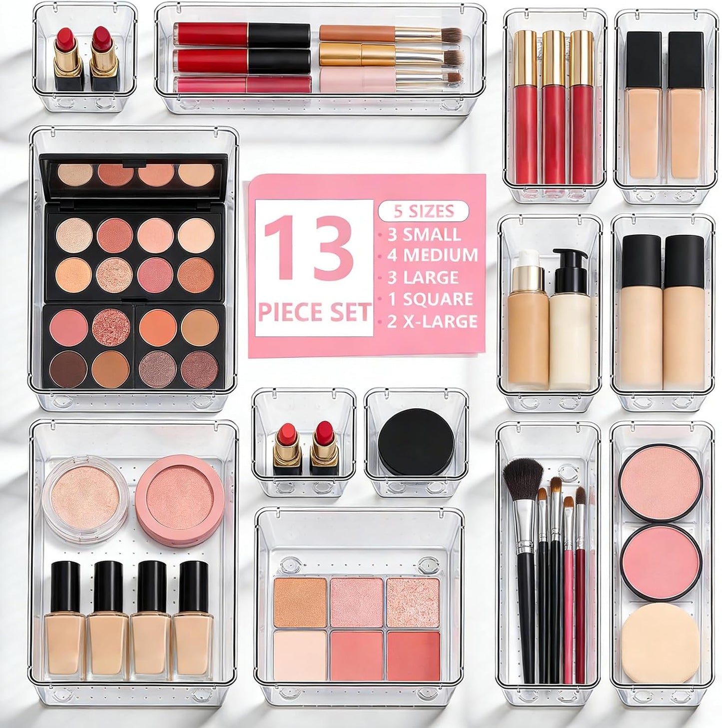 13 Pcs Desk Organizer Tray for Makeup, 5 Sizes Vanity Makeup Drawer Organizer Set, Non-Slip Desk Drawer Organizer Trays for Bathroom, Bedroom, Office, Fits Jewelry