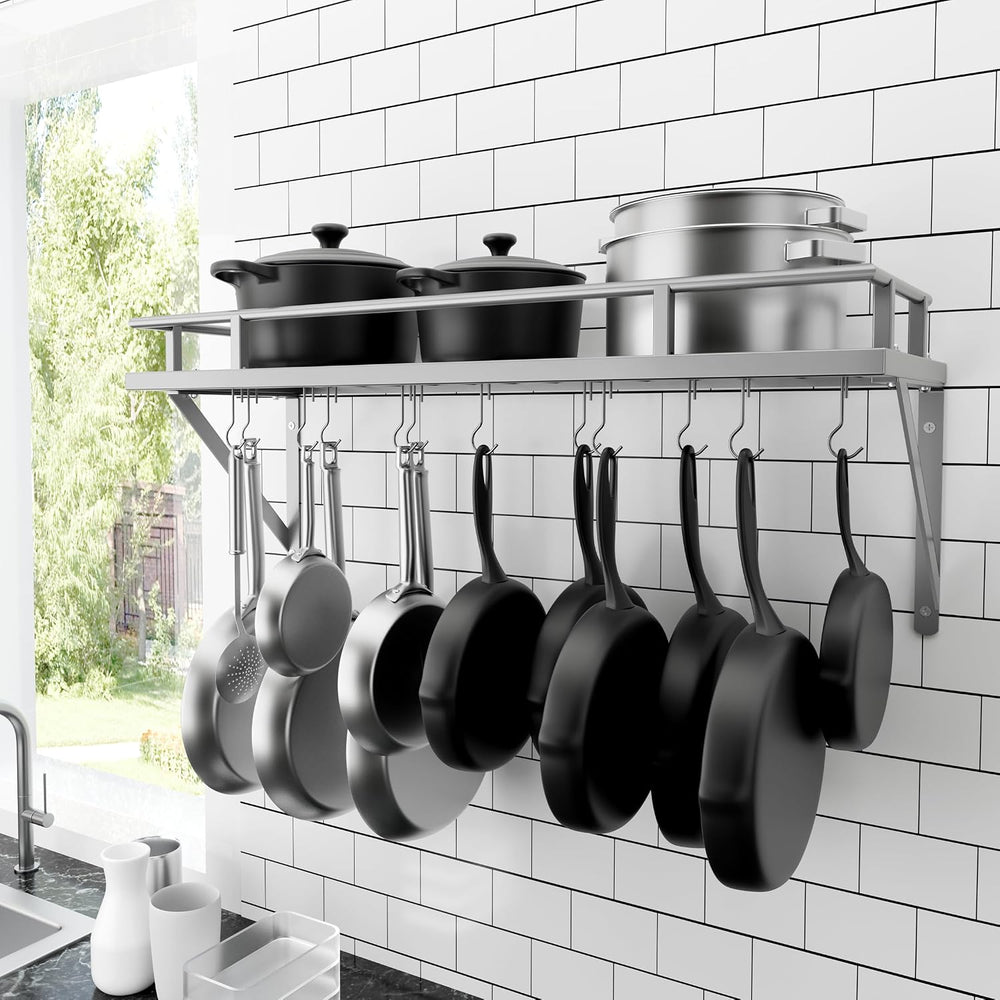 KES 30-Inch Silver Gray Pot Rack with 12 Sturdy Hooks, Wall Mounted