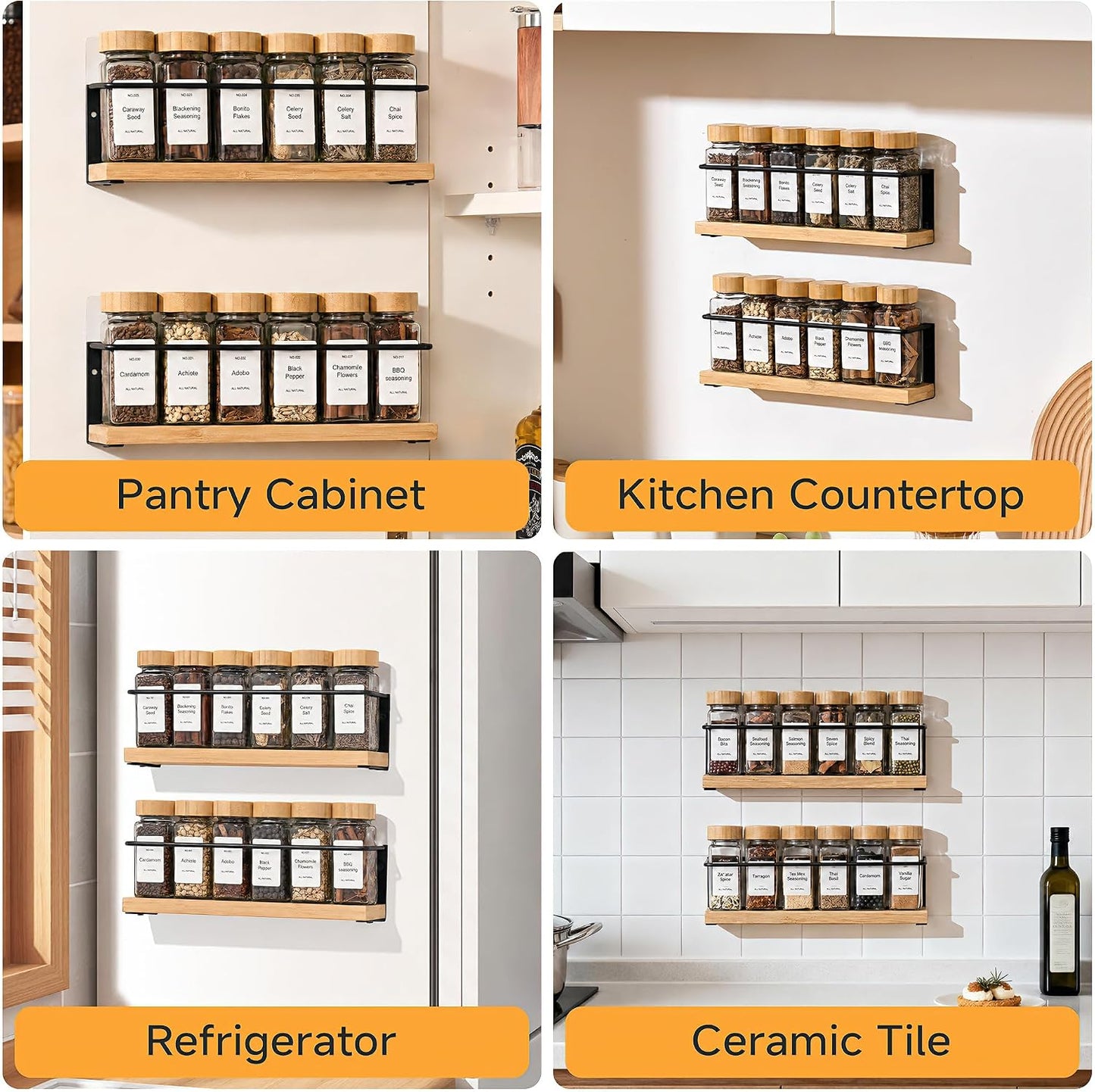 4-Tier Wall Mount Spice Rack Organizer with 24 Glass Jars, 216 Labels & Funnel - Screw/Adhesive Mount, Black Metal & Bamboo Spice Storage for Kitchen Pantry Cabinet, 11.6”W x 2.4”D x 3.2”H