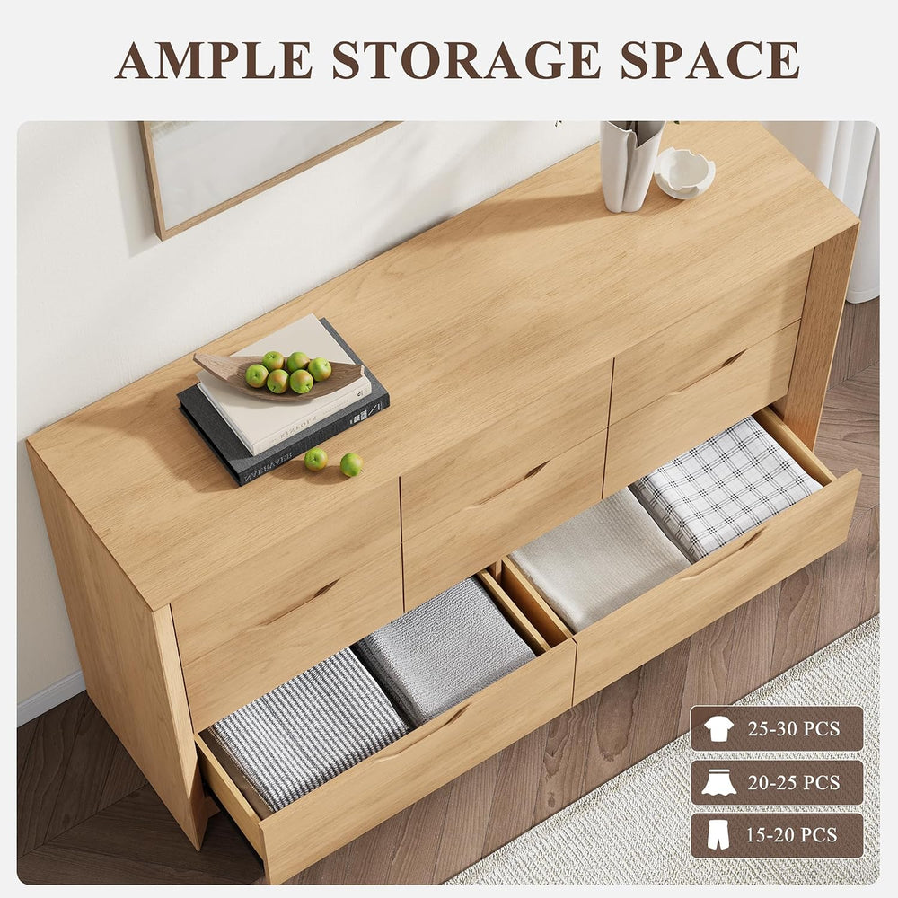 YANSNWO Natural Oak 8 Drawer Dresser for Bedroom, 55" Wide Chest of Drawers