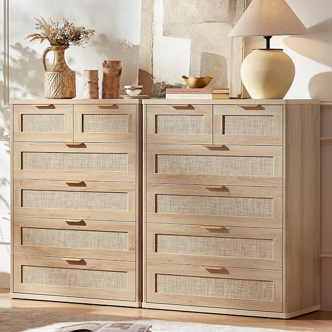 LEYAOYAO Rattan Dresser for Bedroom Set of 2, Modern 6 Drawers Boho Dressers by LEYAOYAO-Findtheshiningpointofyourideallife%EF%BC%81