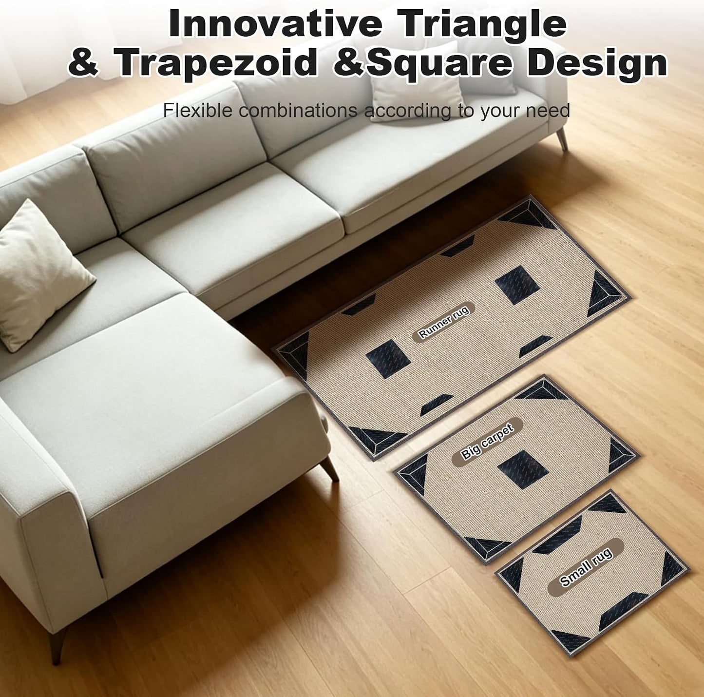 14PCS Rug Grippers for Hardwood Floors, Non Slip Corner Rug Tape | Triangle, Trapezoid & Square Design.Adhesive Rug Pads for Tiles & Area Rugs.Removable Double Sided Floor Grippers