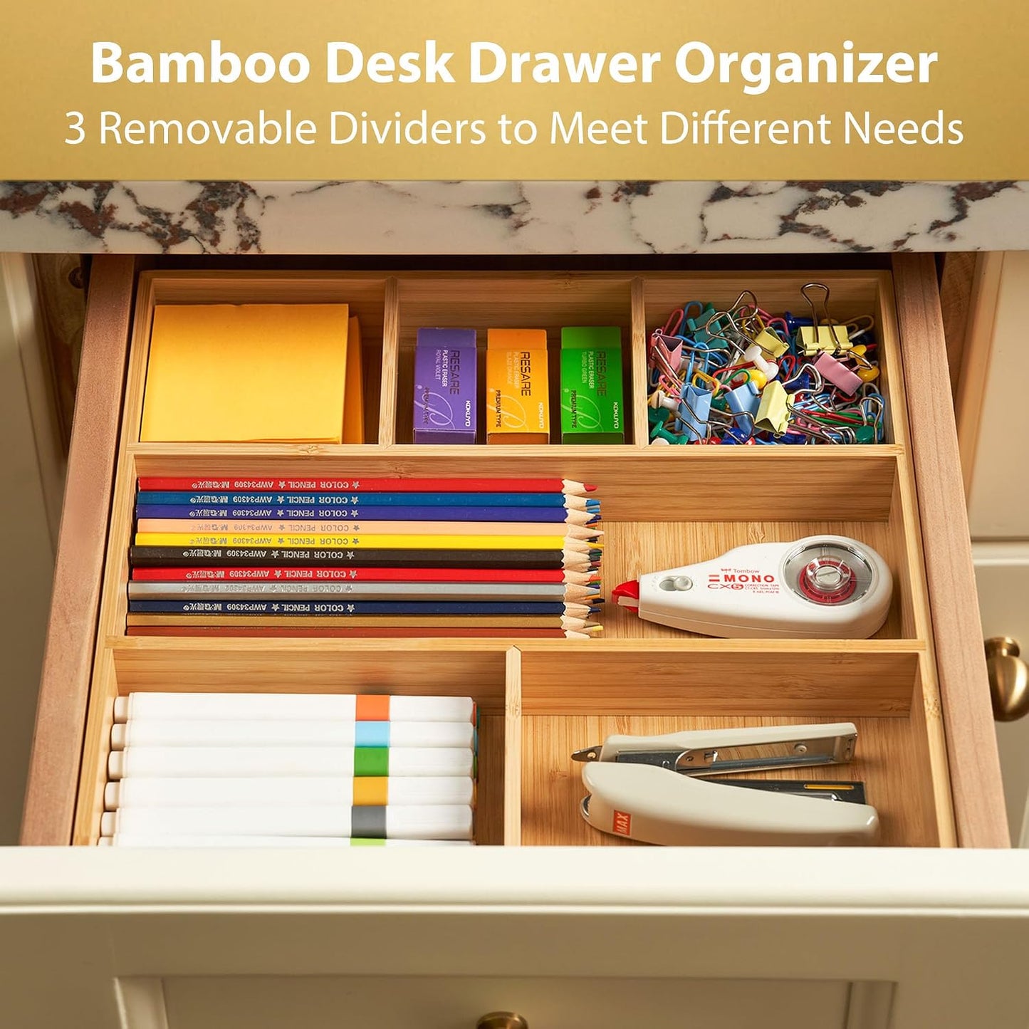 Bamboo Desk Drawer Organizer, Wood Office Junk Tray, 12"x12" | 1.8" Tall for Shallow Drawer - Adjustable dividers - Anti Slip Silicone Pads - Versatile Storage Box in Kitchen, Pantry