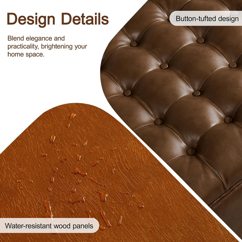 WUTUTUEE 24" Faux Leather Square Storage Ottoman with Wooden Tray, Moder...