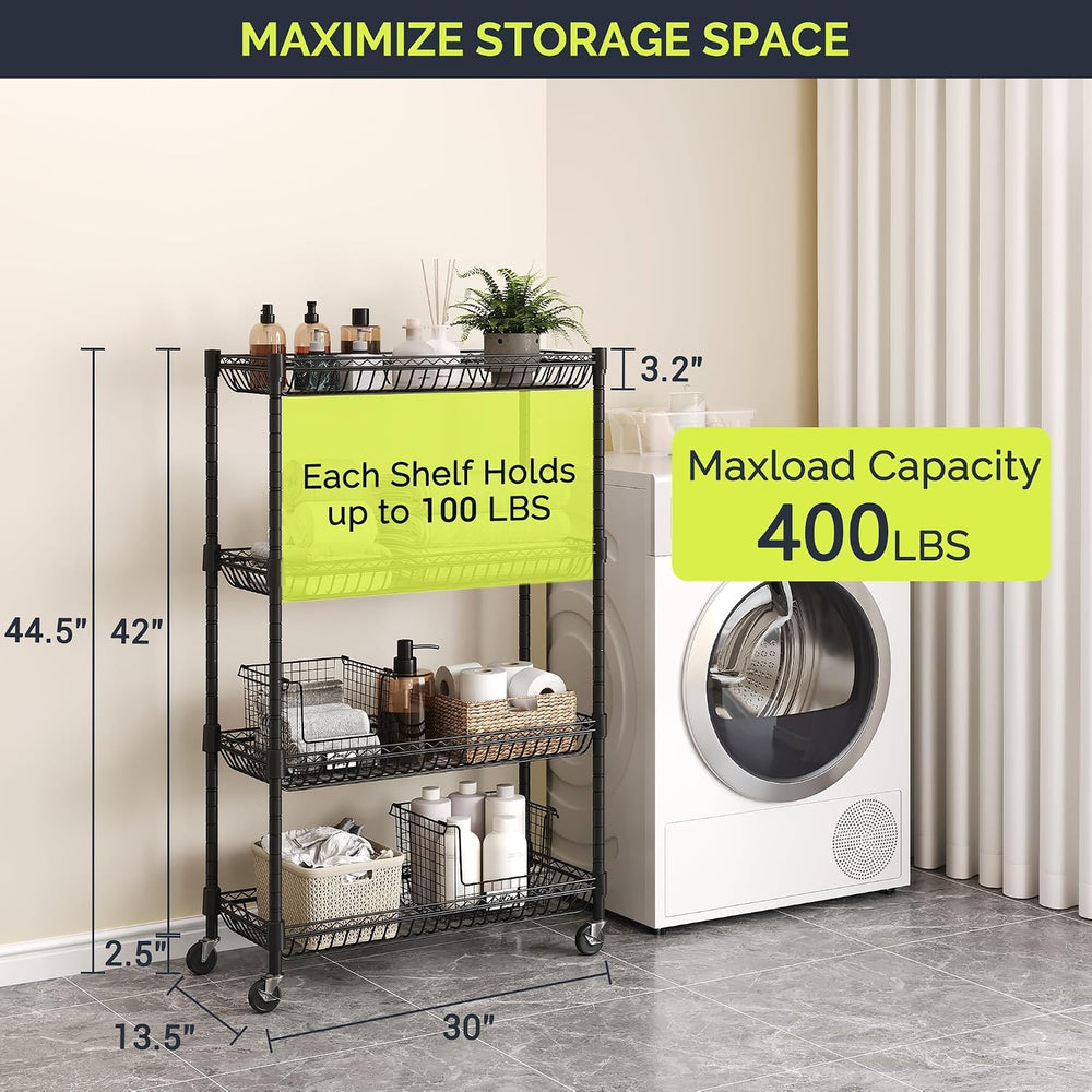 4-Tier Rolling Storage Shelves with Wire Baskets,30x13.5x44.5in