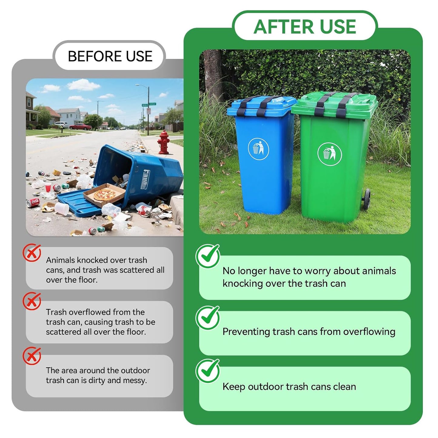 2PCS Trash Can Locks for Animals，Bear Proof Trash Can Locks with Durable Metal Claws, Adjustable Strap Fit for Most Outdoor Garbage Cans (28-96 Gallon)