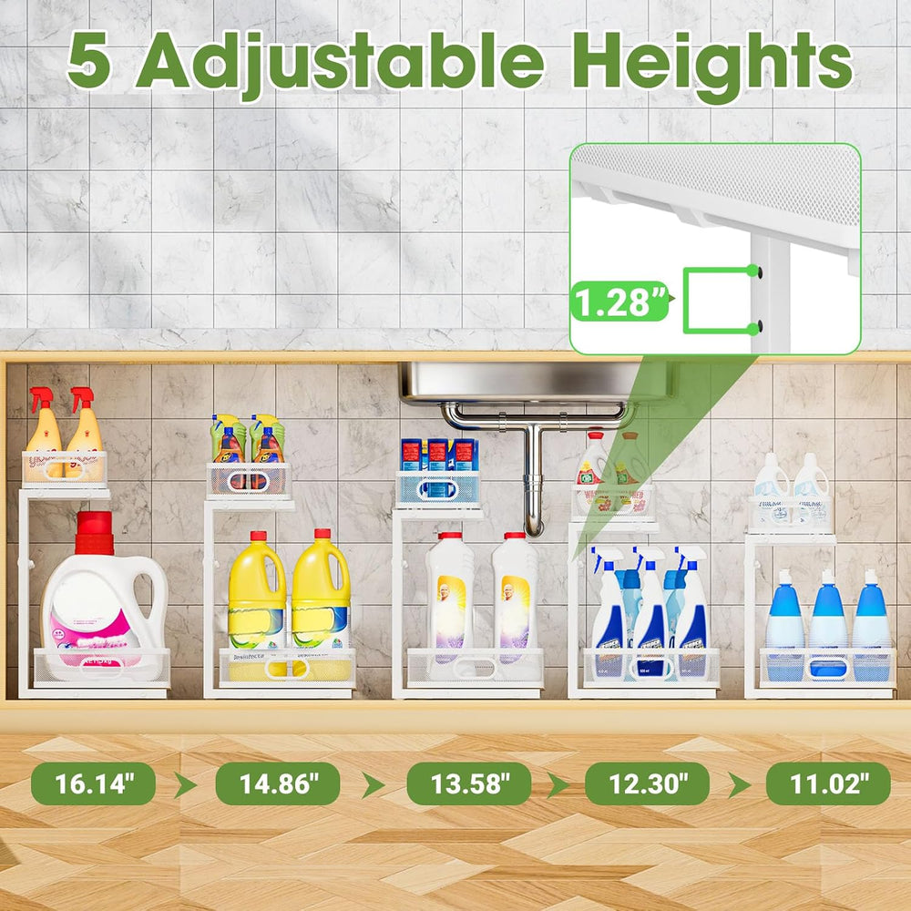 Under Sink Organizer 2-Pack, Metal 2-Tier Pull-Out Cabinet Shelf with Slide-O...