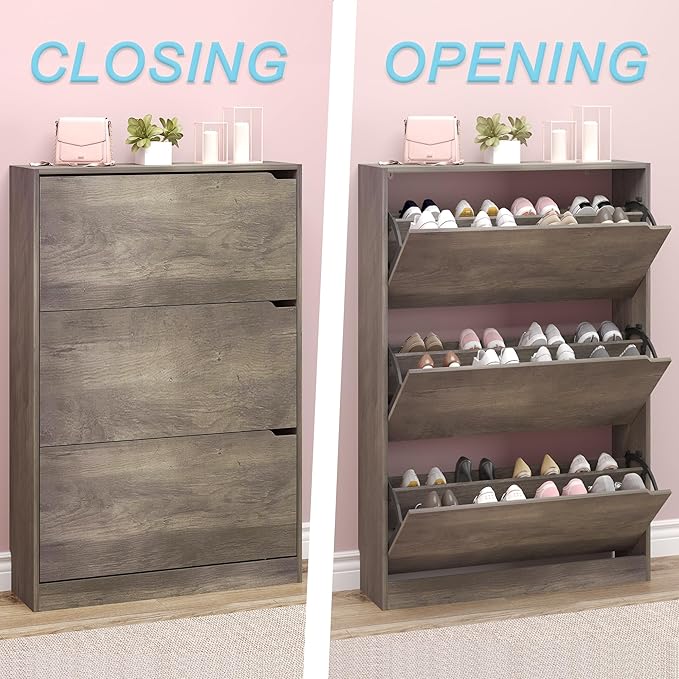 Shoe Cabinet with 3 Flip Drawers, Hidden Wood Shoe Cabinet, Freestanding Shoe - Image 5