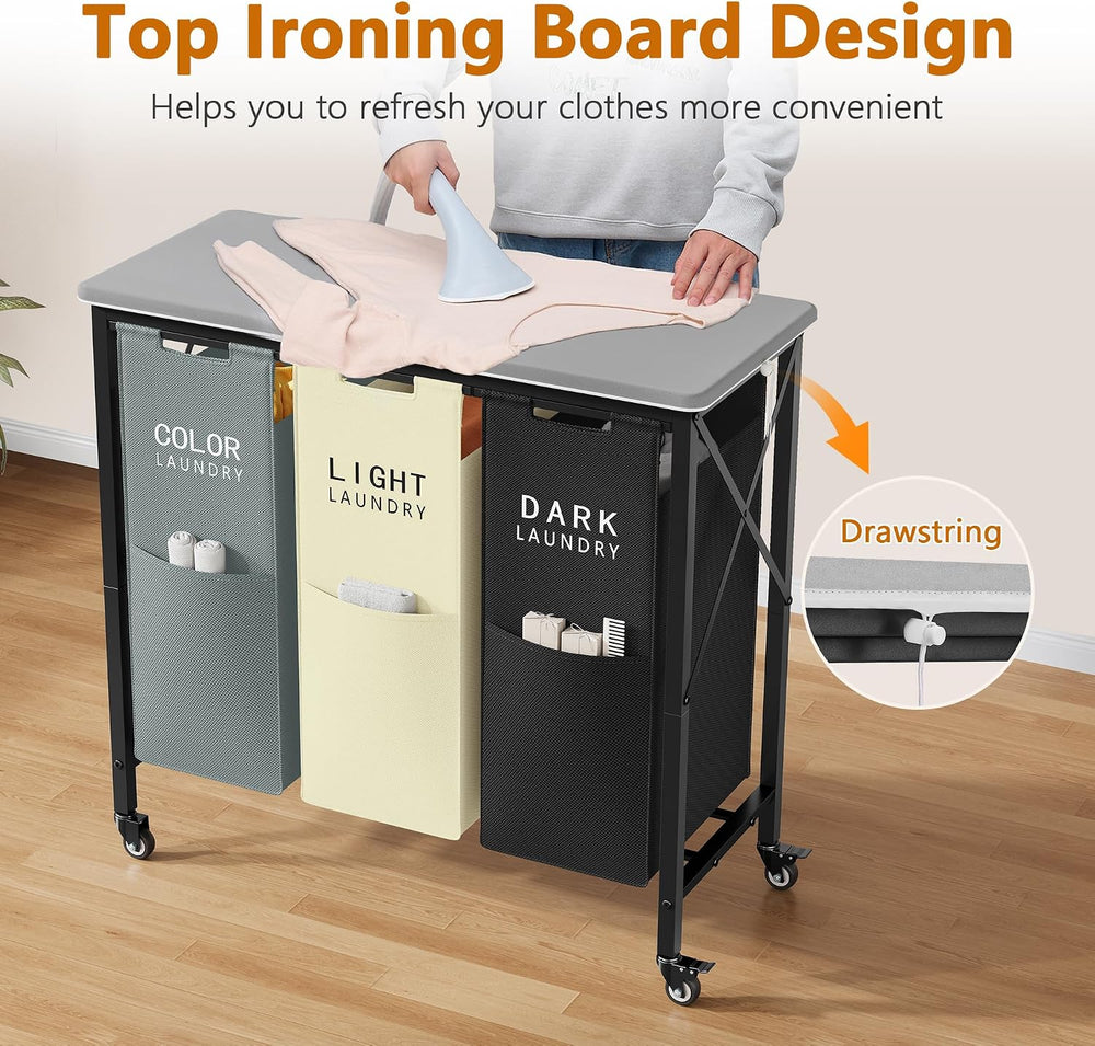 Gewudraw 3 Section Laundry Hamper with Ironing Board