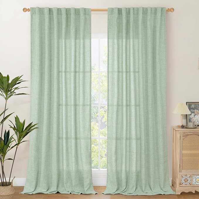 YoungsTex Light Green Linen Semi Sheer Curtains 84 Inch Length 2 Panels by YoungsTex