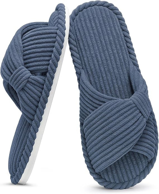 Evshine Summer House Slippers for Women Corduroy Cross Bow Indoor Slippers Open by Evshine