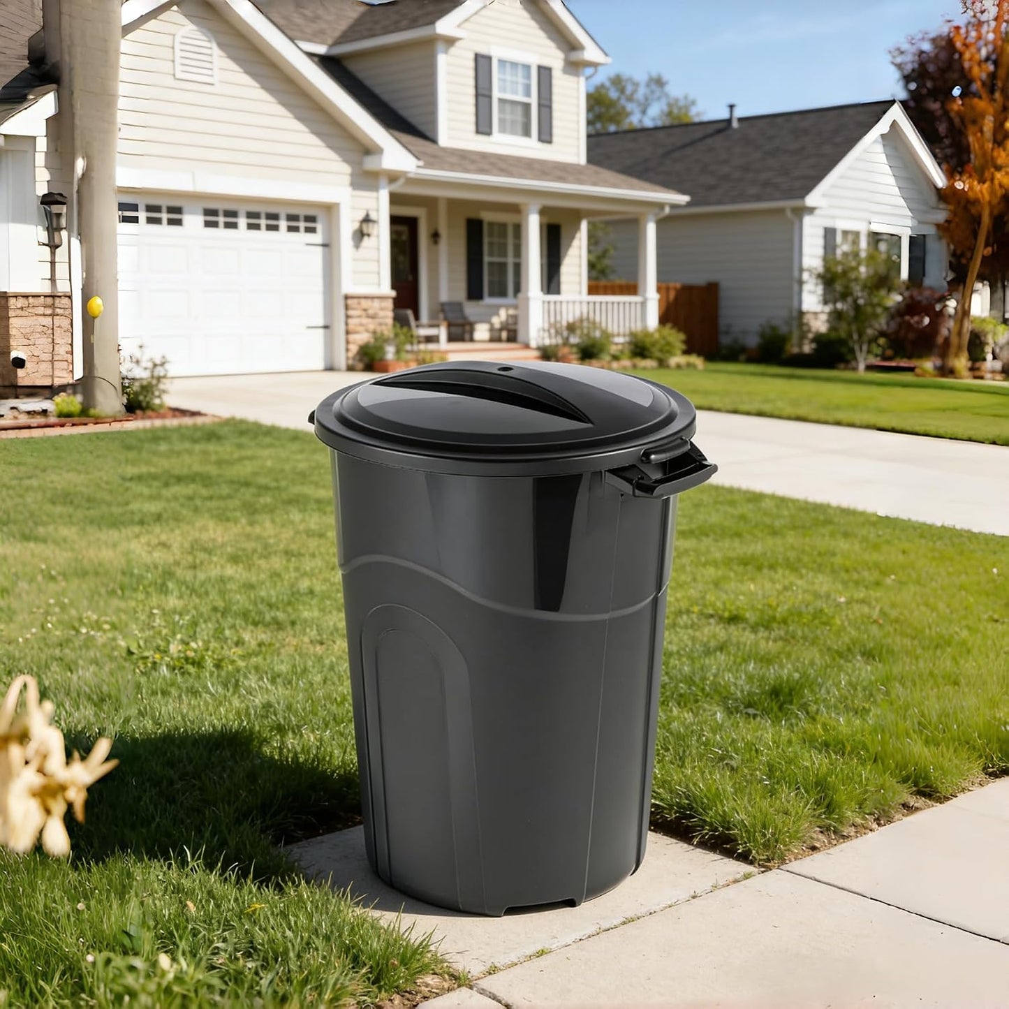 Black 32 Gallon Heavy Duty Plastic Garbage Can, Outdoor Trash can with Lid, Included Click Lock Lid and Sturdy Handles Garbage Bin for Outdoor, Kitchen, Garden, Garage