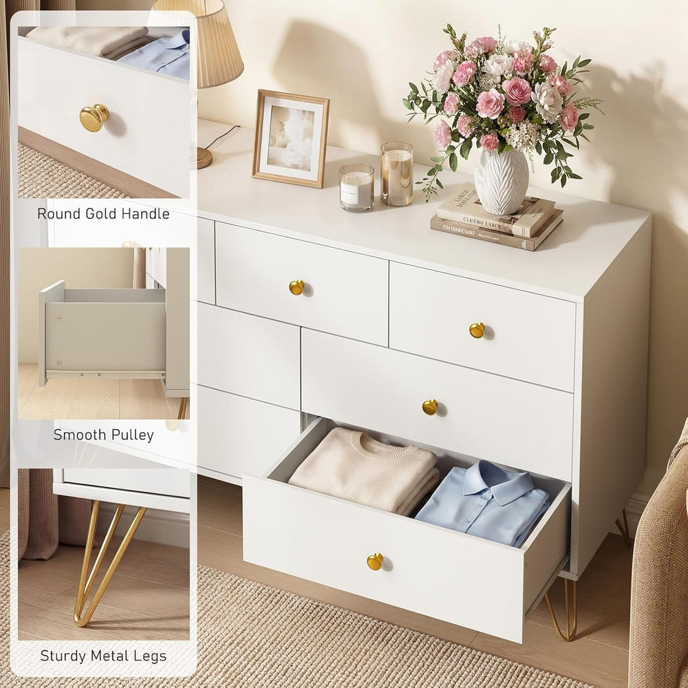 Tradare White Dresser for Bedroom, Modern 7 Drawer Dresser with Gold Handles ...