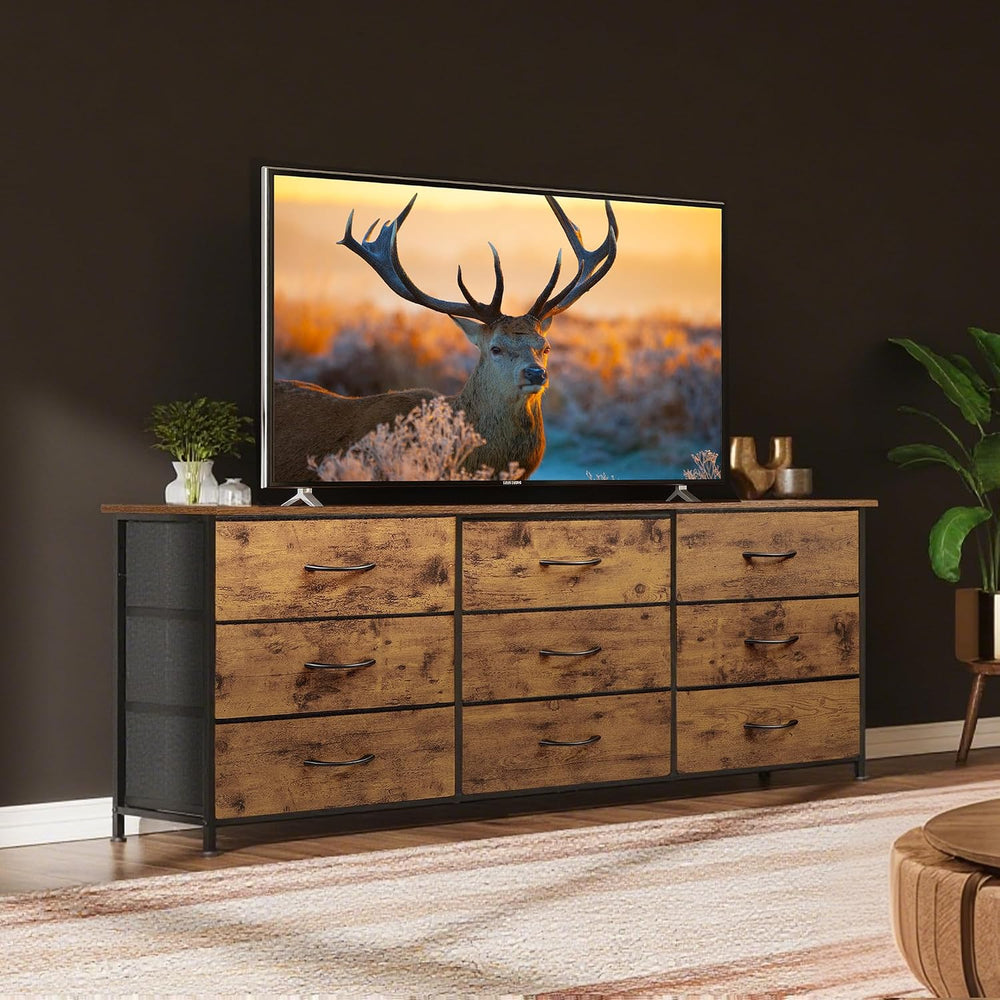 WLIVE Dresser TV Stand for 75 Inch TV, 9 Drawer Dresser, Rustic Brown
