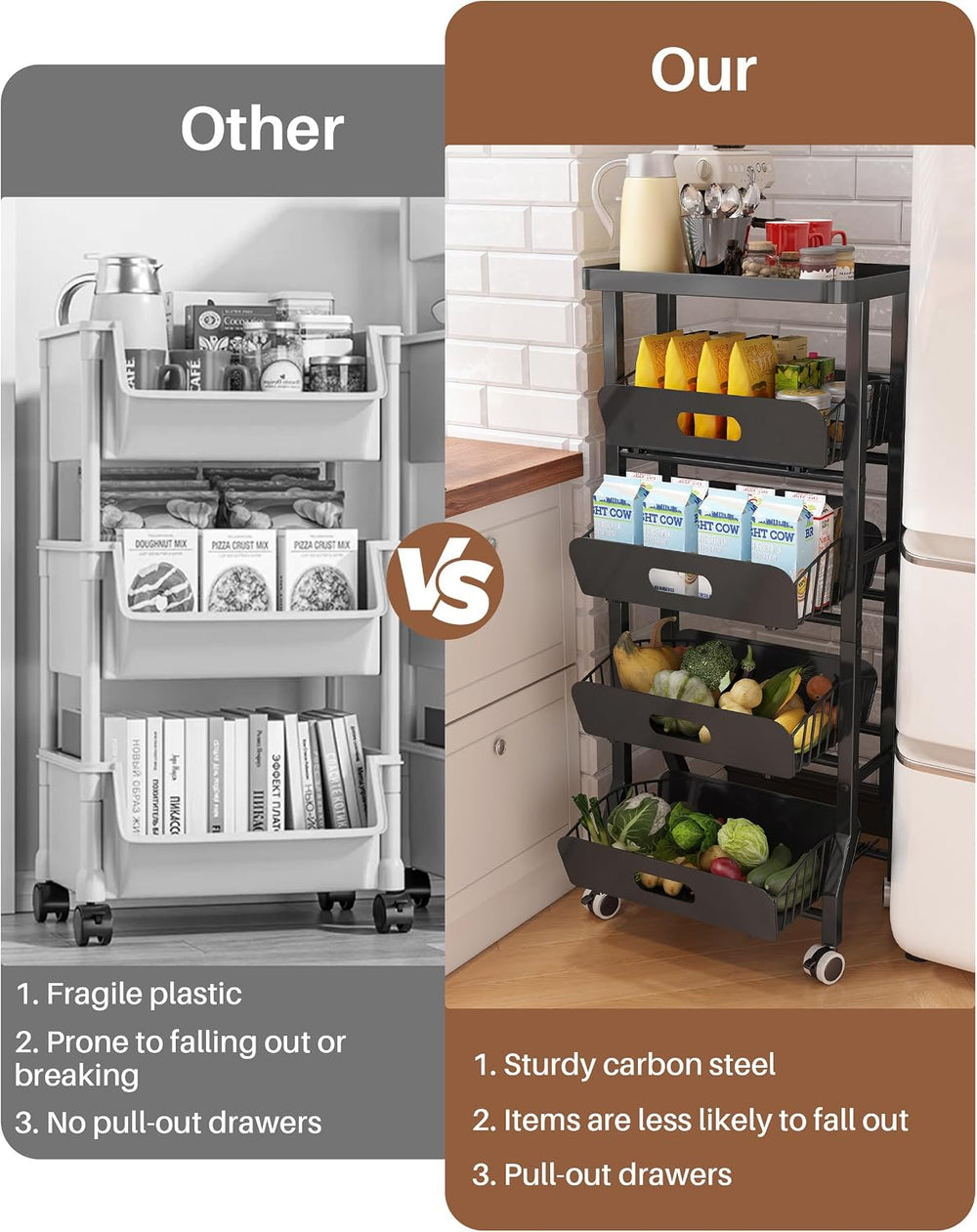 5-Tier Kitchen Storage Rolling Cart with 4 Drawers & Wheels,Black