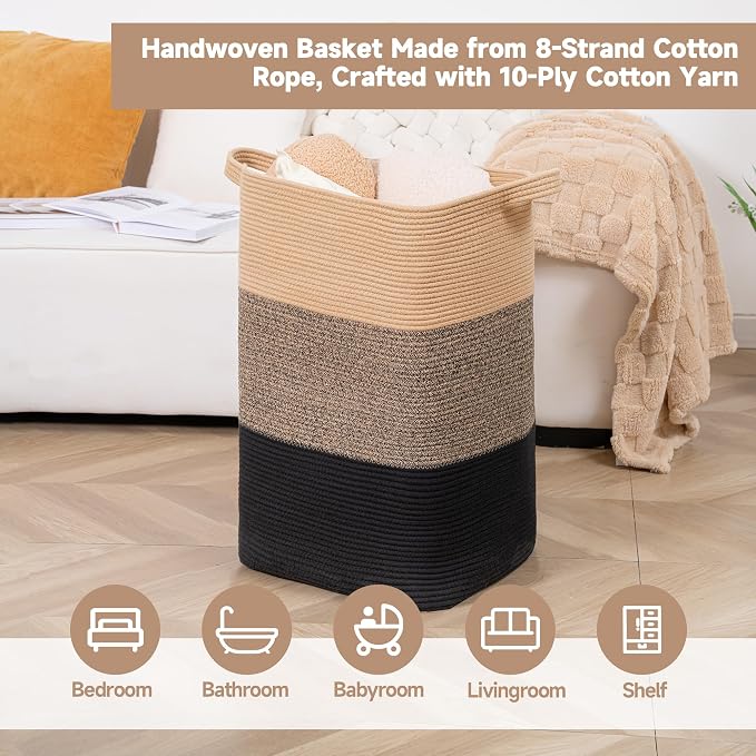 CLHMILY&Z 75L Laundry Basket Rectangular Black Jute Rope - Image 3