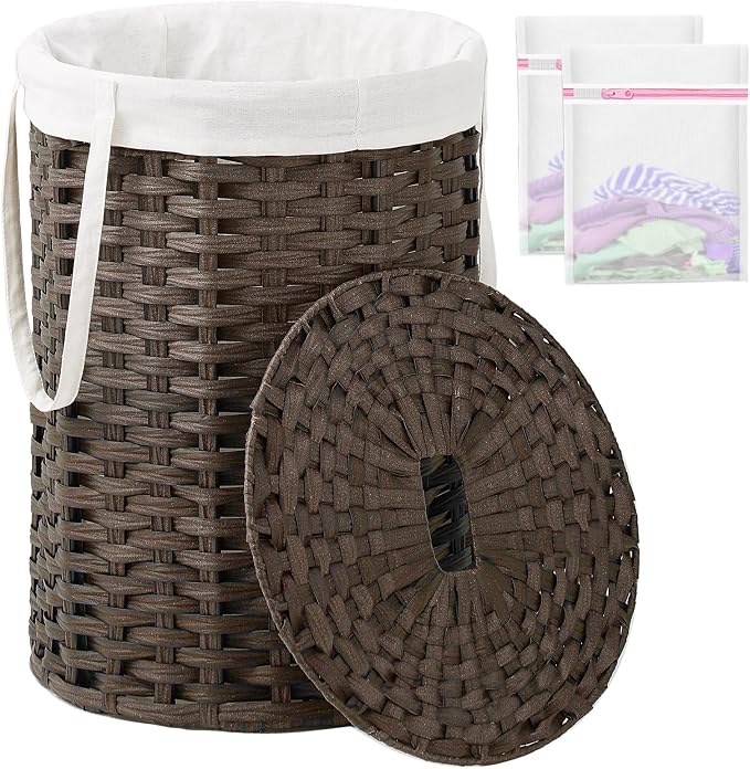 Laundry Hamper with Lid, 19.0 Gal Round Wicker Laundry Basket, Handwoven Rattan by SETVSON