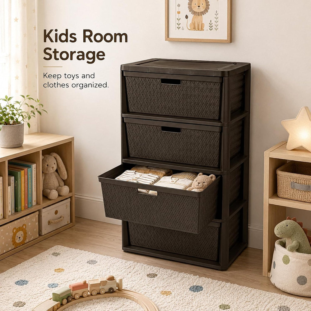 4-Drawer Plastic Storage Tower, Wide Bedroom Closet Storage Chest, Brown