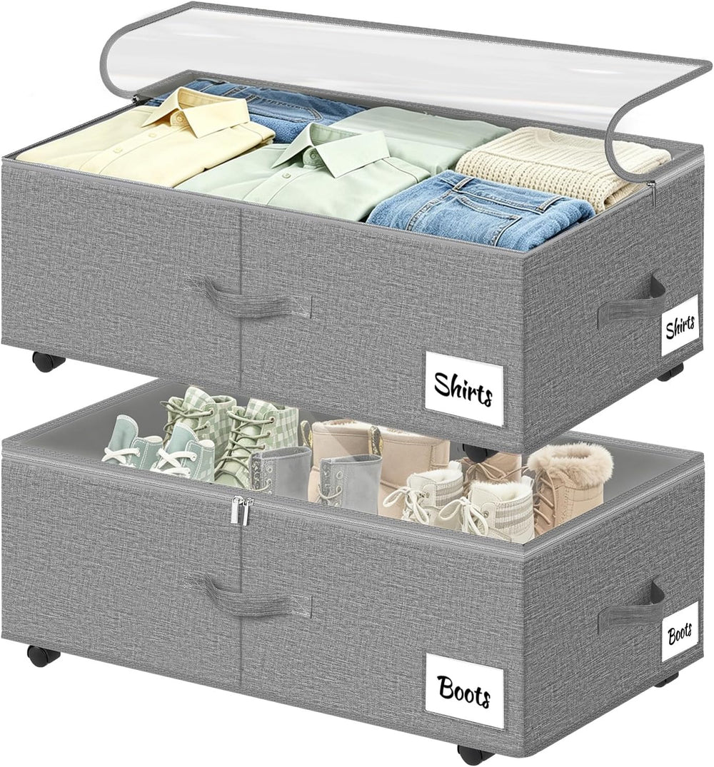 Under Bed Storage with Wheels, 2 Pack Underbed Storage Containers with Clear ...