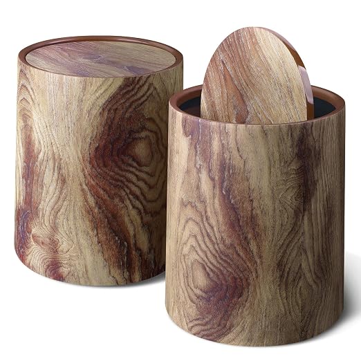 Wood Grain Plastic Trash Can Swing Top Lid, 4Gal/15L Farmhouse Wastebasket Bin by CiaoStilista