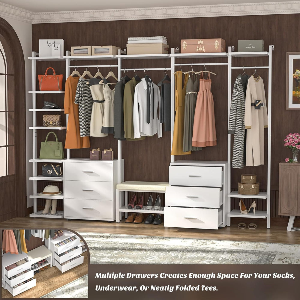 Aheaplus Closet System with 6 Drawers, 8FT Wood Closet Organizer, White