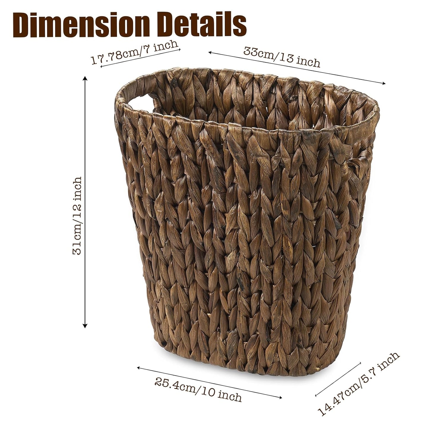 PINXIURY Bathroom Wicker Trash Can Handwoven Wicker Waste Basket with Built-in Handles Water Hyacinth Garbage Can for Bedroom Office Kitchen 100% Handmade 13" L x 7.5" W x 12.2" H, 3.2 Gallon Brown