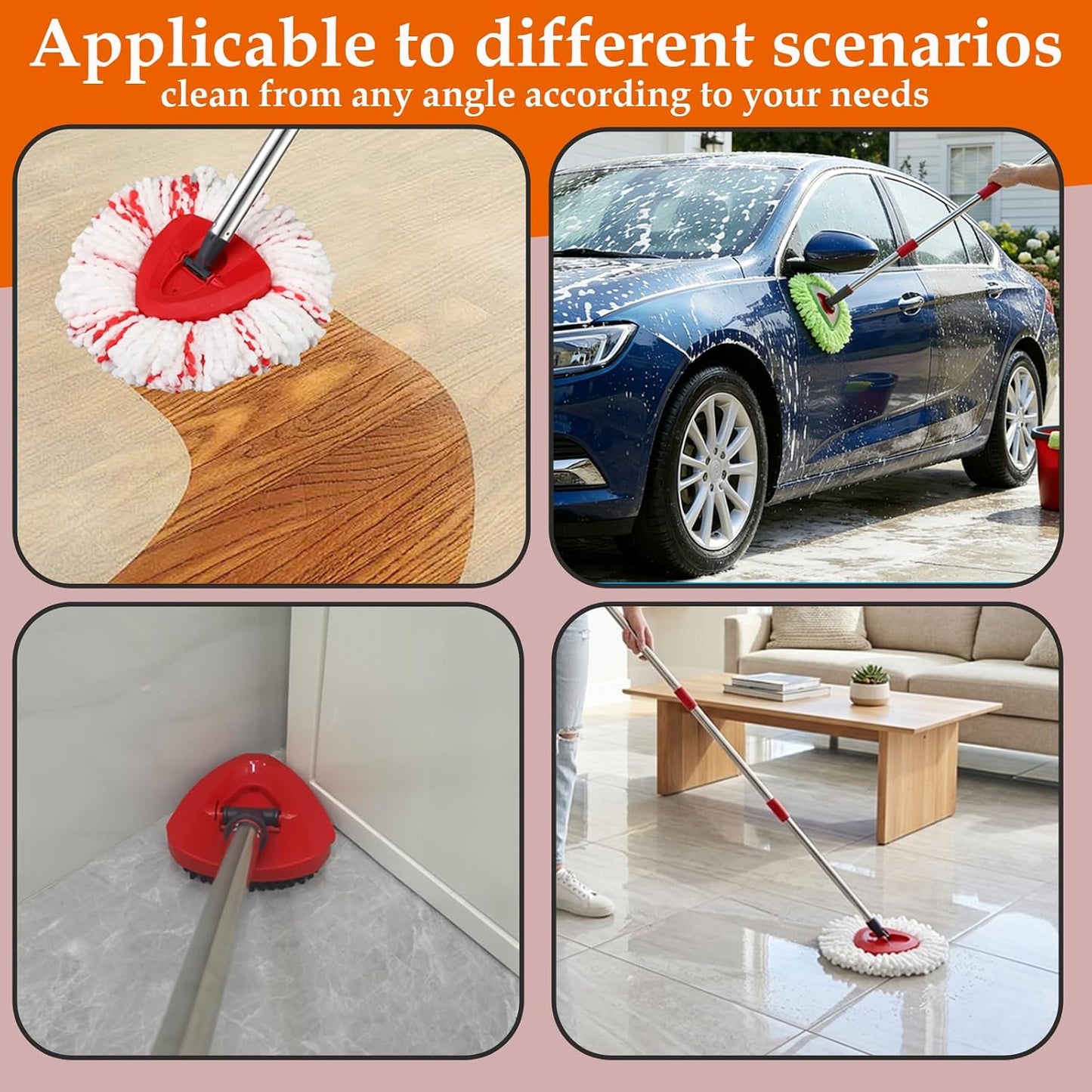 Mop Heads Replacement Handle Set for Ocedar Spin Mops EasyWring 1-Tank System, Includes 2 Microfiber Refills, 1 Chenille Head, 4-Section Iron 30-58" Mop Handle, 1 Scrub Brush, 1 Spin Base for O-Cedar