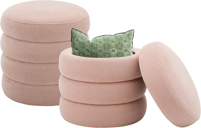 Round Ottoman with Storage Boucle Ottoman Stool Removable Lid by Krcix