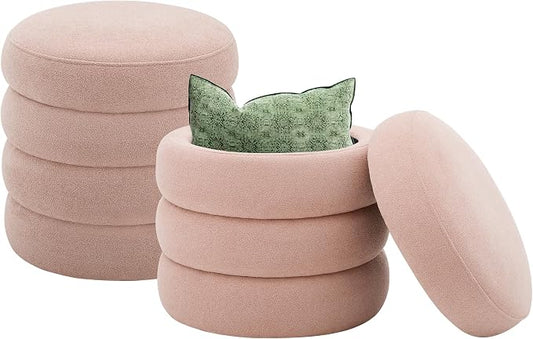 Round Ottoman with Storage Boucle Ottoman Stool Removable Lid by Krcix