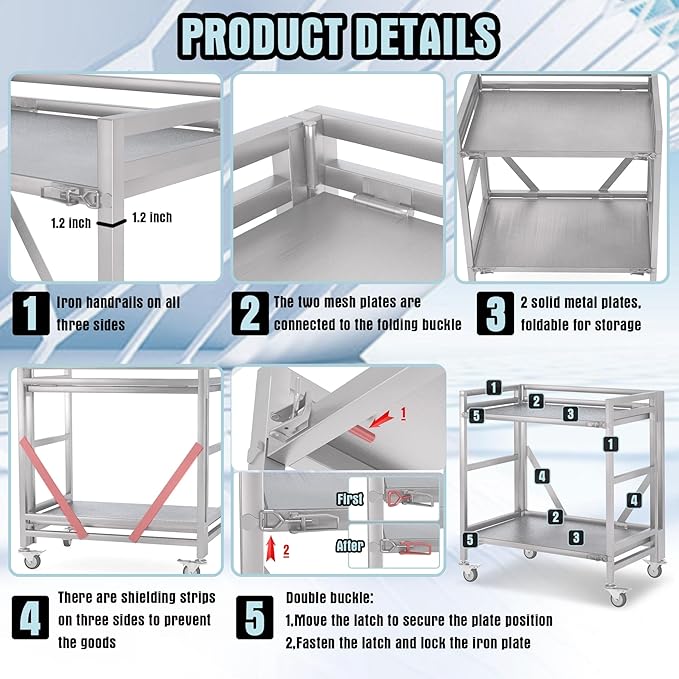2 Shelf Rolling Cart with Wheels, 660lbs Capacity Collapsible Steel Rolling - Image 4