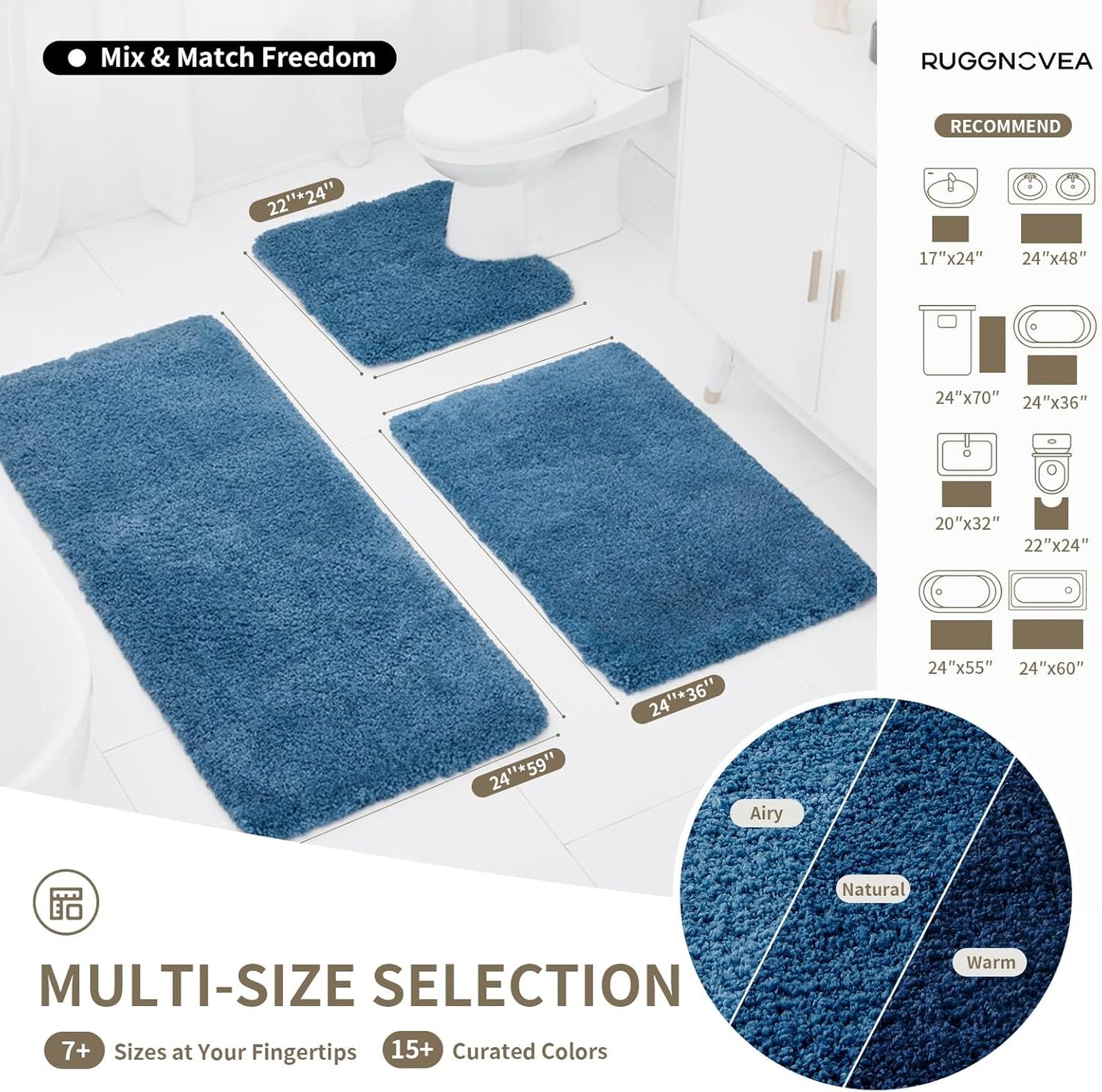 Bathroom Rugs Non Slip Washable, Ultra Thick Soft Microfiber Absorbent Bath Mats, High Density Foam Latex Non Slip Backing Bath Rugs, Fluffy Floor Carpet for Tub&Shower 24x17, Blue