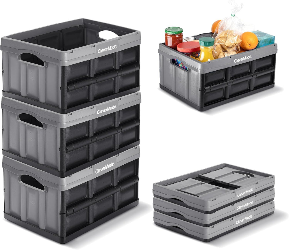 CleverMade Collapsible Storage Bins, 32L 3 Pack, 66 lb Stackable, Stone