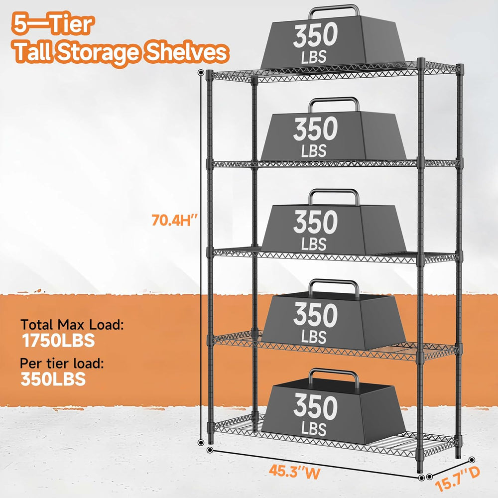 M MZG 5 Tiers Shelf Metal Storage Shelves Standing 1750 LBs Household Shelf O...