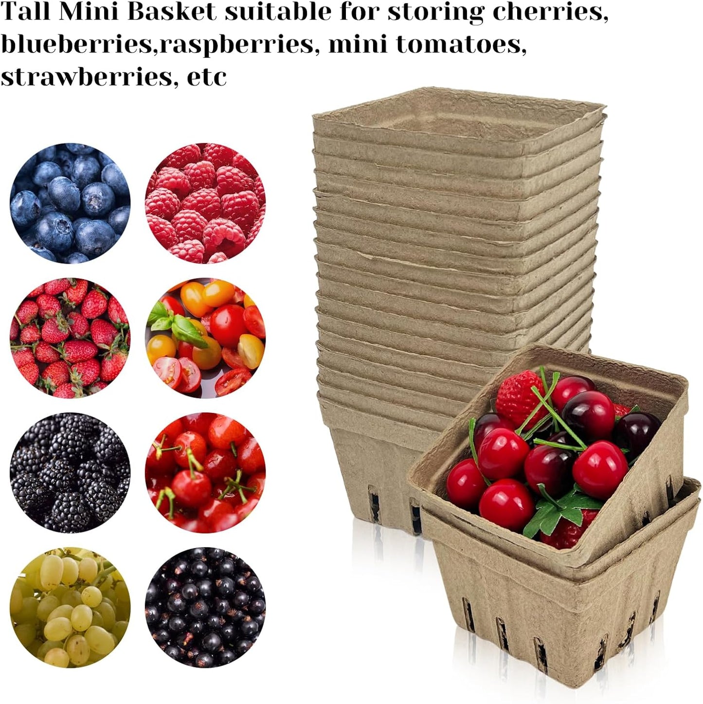 Rainmae 50 Pack Natural Pulp Fiber Berry Basket, Molded Berry Basket Produce Vented Container for Strawberry Blueberry Raspberry and Vegetable, Farmer Market, Grocery Stores, Backyard Party
