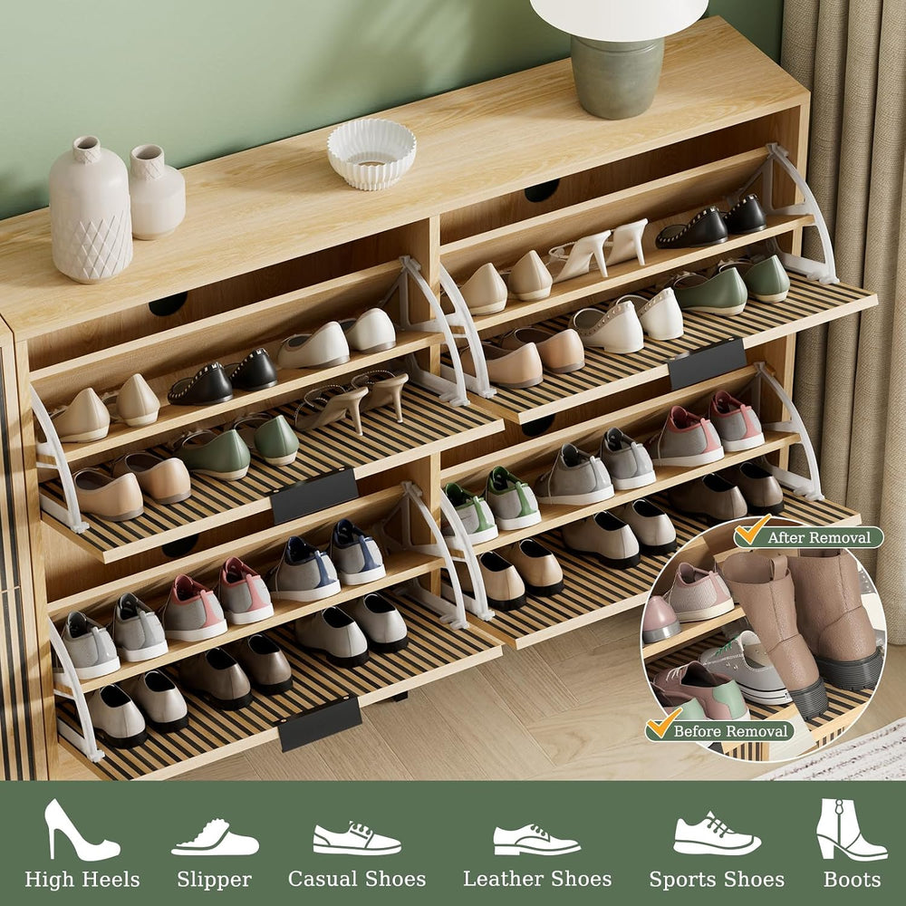 Shoe Cabinet Storage with 4 Flip Drawers and Metal Legs, Natural Wood丨Slim Sh...