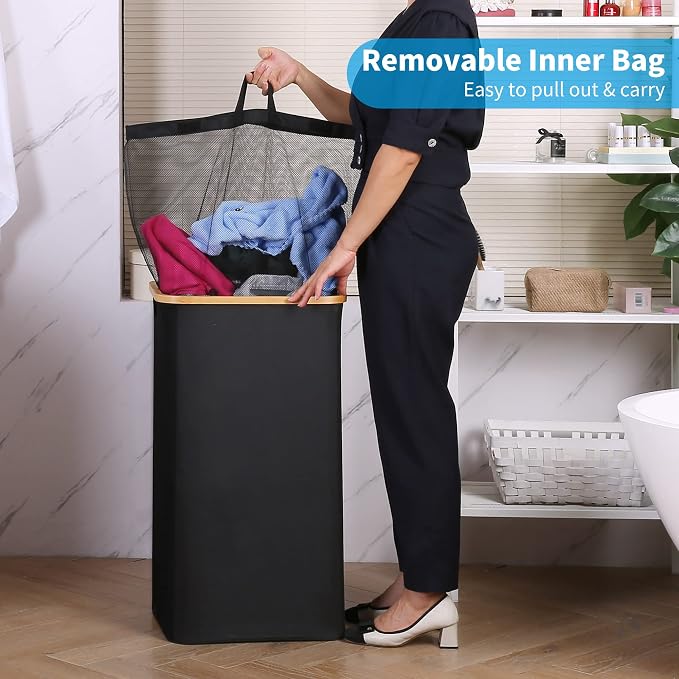 100L Laundry Basket with Lid and Net Bag, Tall Laundry Hamper with Bamboo - Image 3