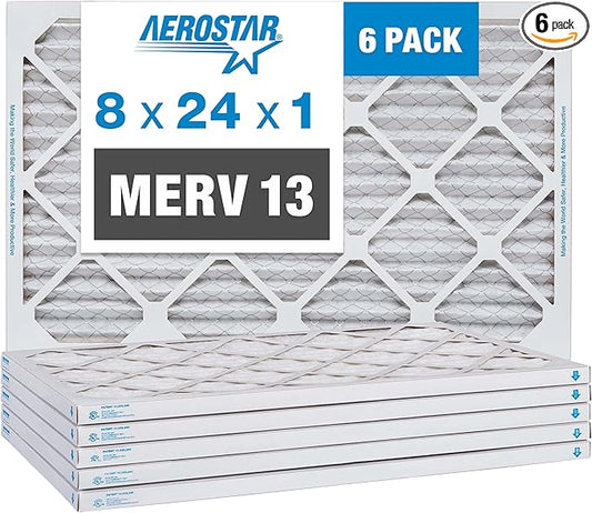 Aerostar 8x24x1 MERV 13 Pleated Air Filter, AC Furnace Air Filter, 6 Pack by AirFiltersDelivered