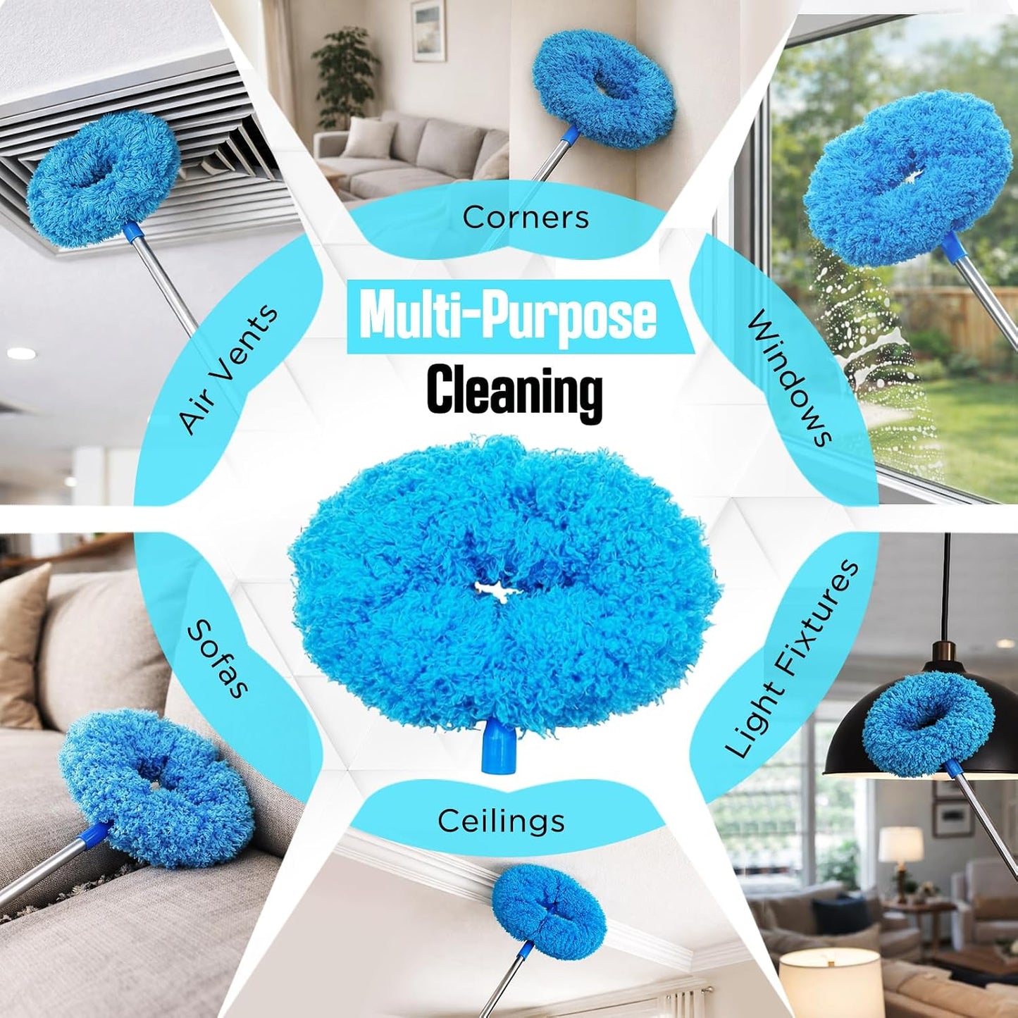 Ceiling Fan Cleaner Duster with Extension Pol, 12 to 51 Inch Duster Length, Reusable Microfiber Dusters for Cleaning Fan Blades, Cobwebs, Walls, Windows & High Ceilings, Removable, Blue