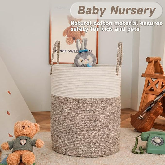 Large Woven Laundry Basket Hamper, 60L Cotton Rope Storage Bin - Image 2