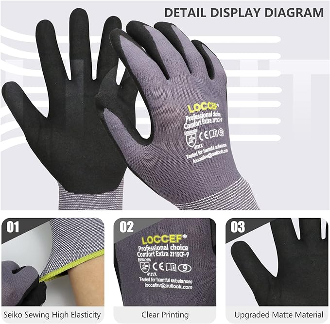 LOCCEF Work Gloves MicroFoam Nitrile Coated-6 Pairs, Seamless Knit Nylon Gloves - Image 2