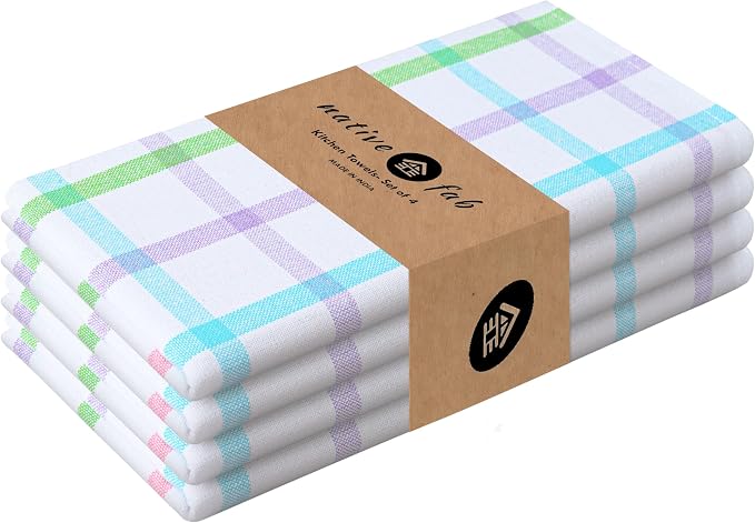 Native Fab Multi Color Checked Kitchen Towels Set of 4, 100% Cotton, 16x26 Inch by NativeFab