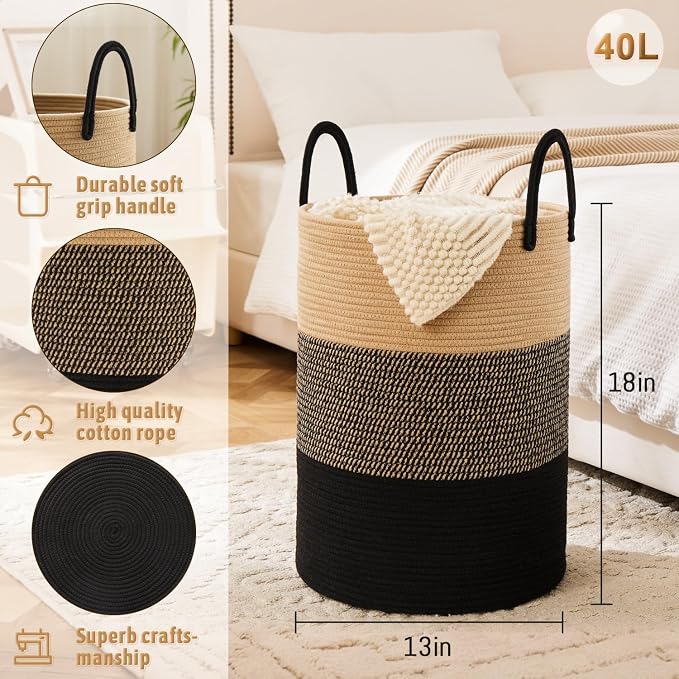 Laundry Basket, Woven Cotton Rope Laundry Hamper, 40L - Image 6