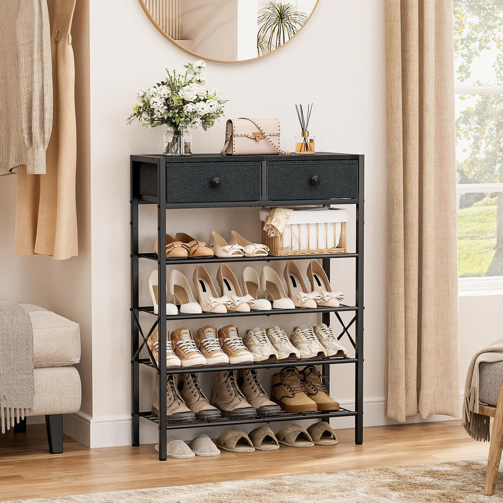 5 Tier Shoe Rack with 2 Drawers, 16-20 Pairs Black Grey