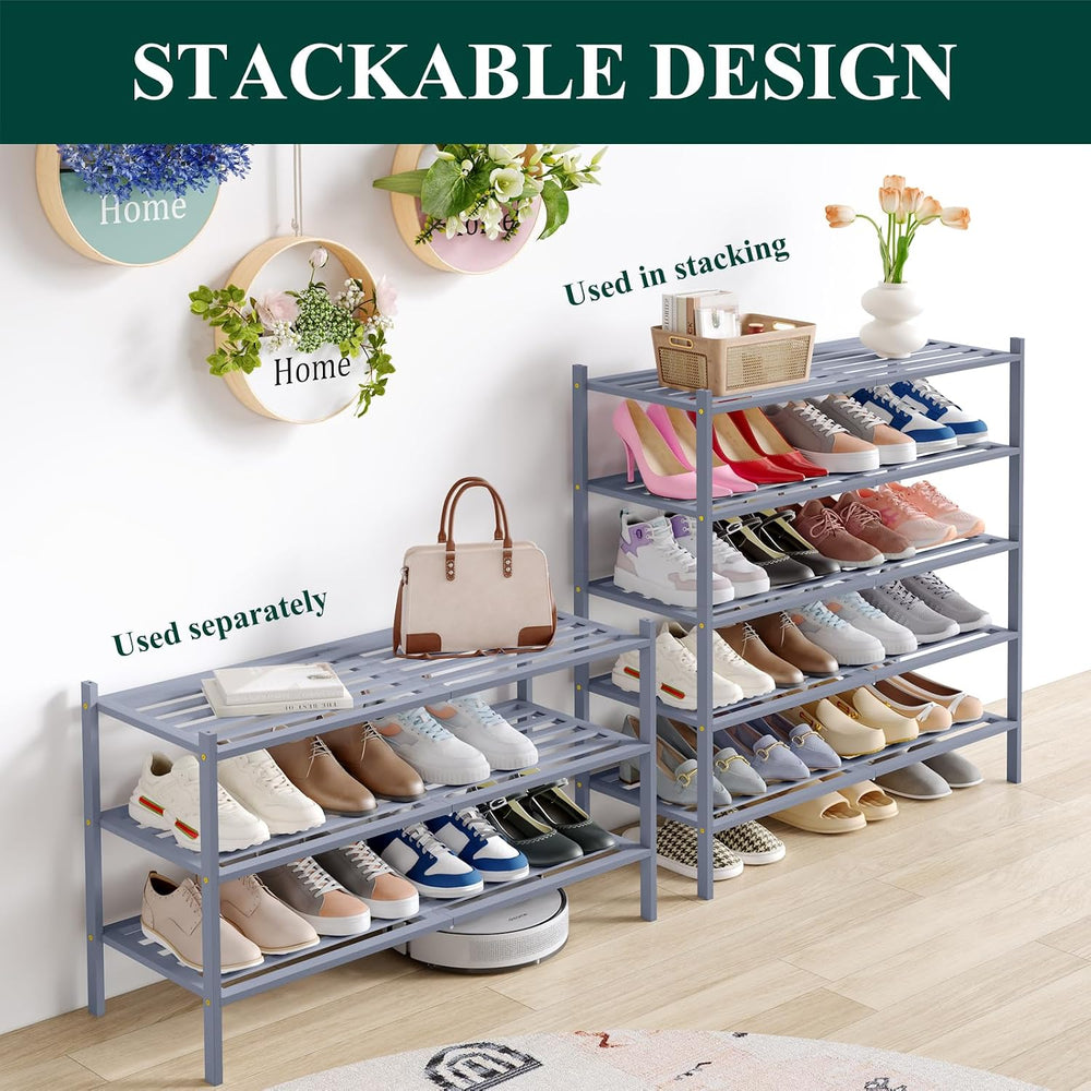 Smiry Bamboo Shoe Rack, 5 Horizontal Slats, 5 Tier - 33.9" Wide, Grey