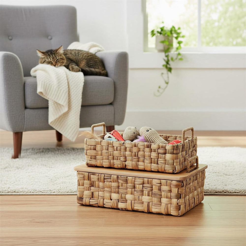 Household Essentials Stackable Hyacinth Baskets with Oak Lids, Natural, Set of 2