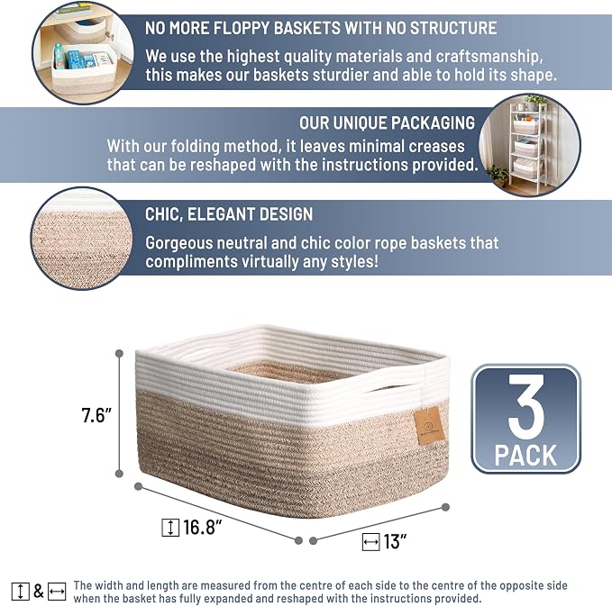 NaturalCozy Storage Baskets 16.8”x13”x7.6” Cotton Rope Woven Baskets - Image 2